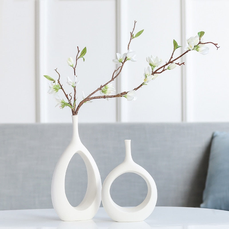 Set of 2 Modern White and Black Minimalist Ceramic Vase Set