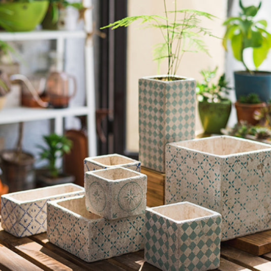 Aged Square Concrete Planter with Prints