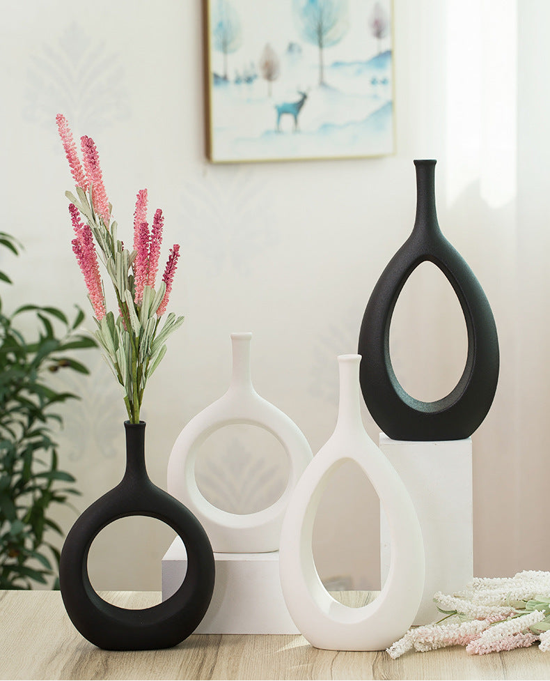 Set of 2 Modern White and Black Minimalist Ceramic Vase Set