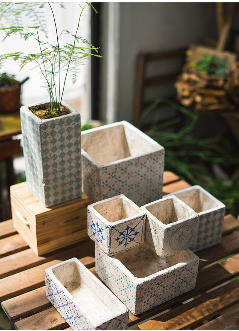 Aged Square Concrete Planter with Prints