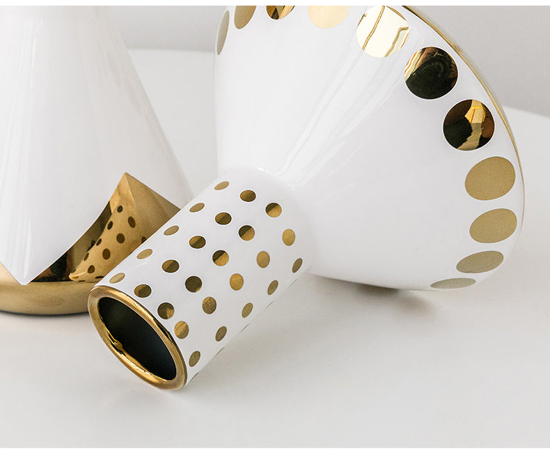 White Ceramic Vase with Gold Patterns - Glamorous White and Gold Vase for Flowers