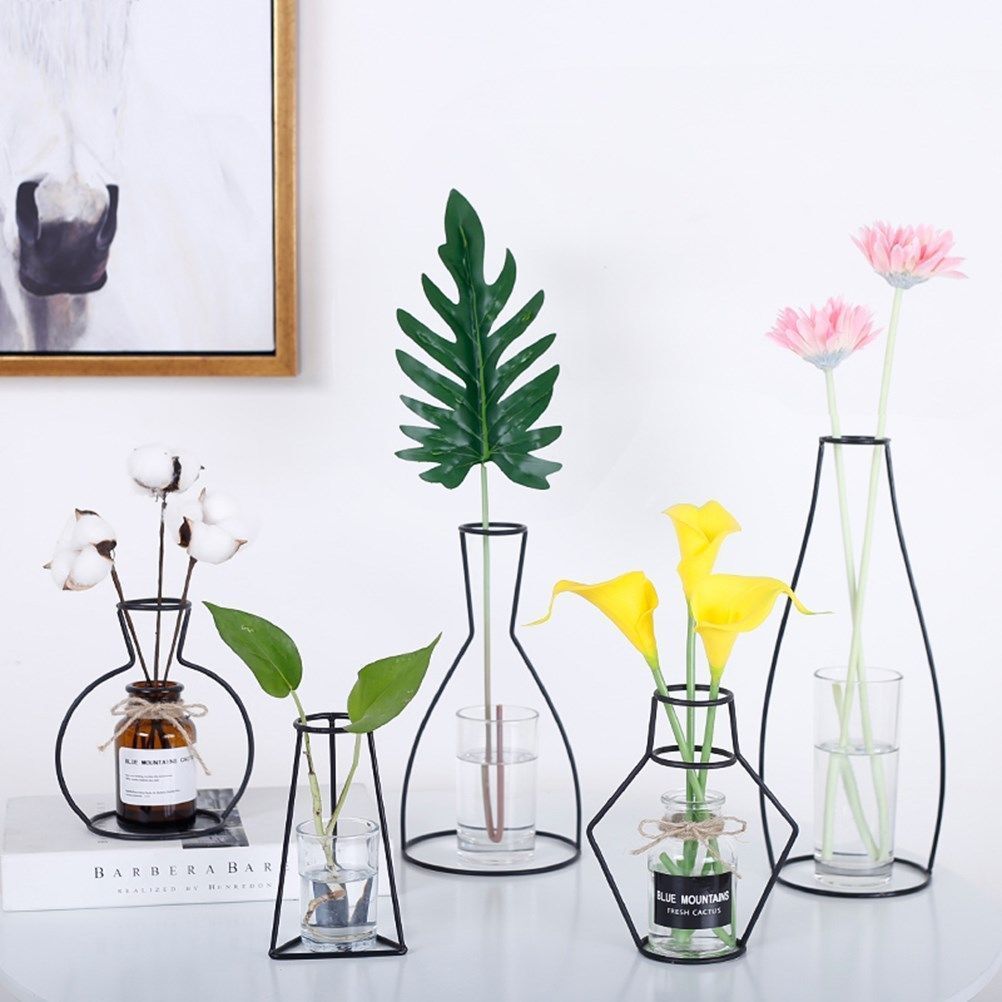 Black Minimalist Iron Hydroponic Transparent Glass Vase