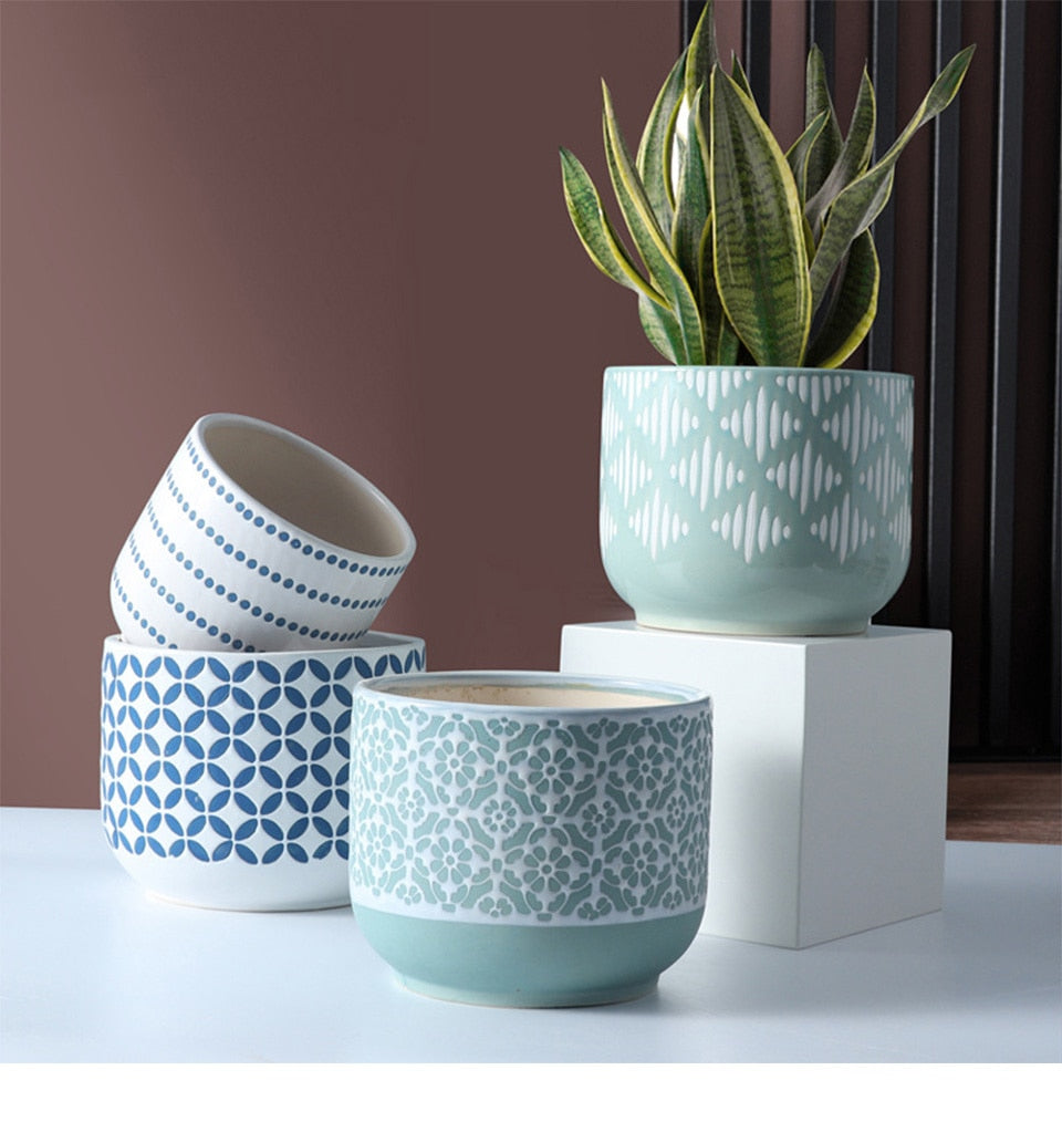 Textured Green Blue Ceramic Planter Pot