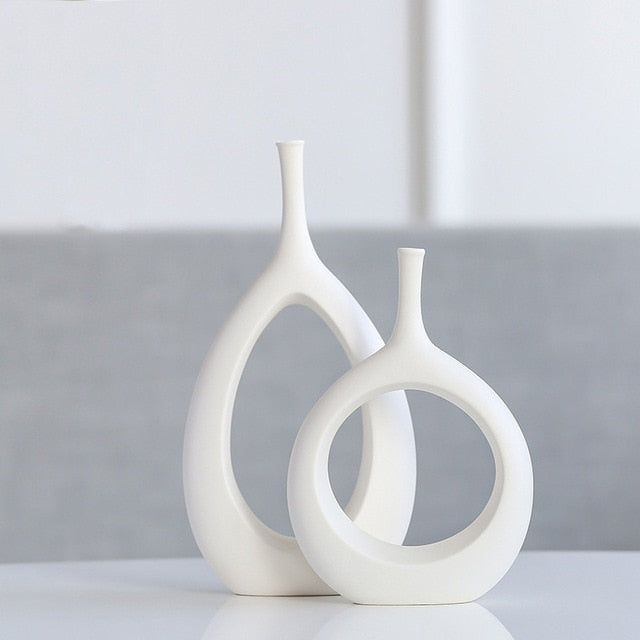 Set of 2 Modern White and Black Minimalist Ceramic Vase Set