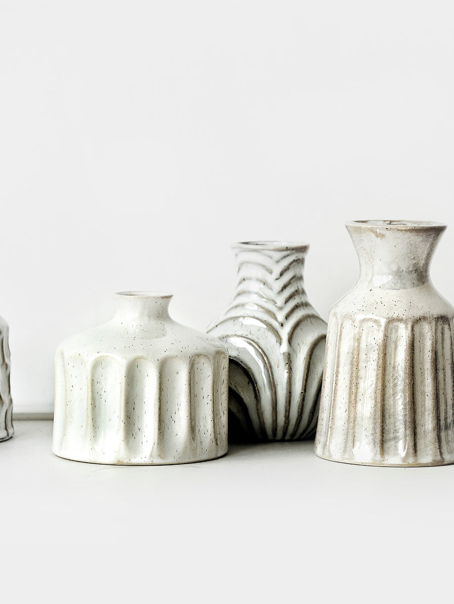 Handmade White Retro Mini Vase Collection, Textured Vintage Design