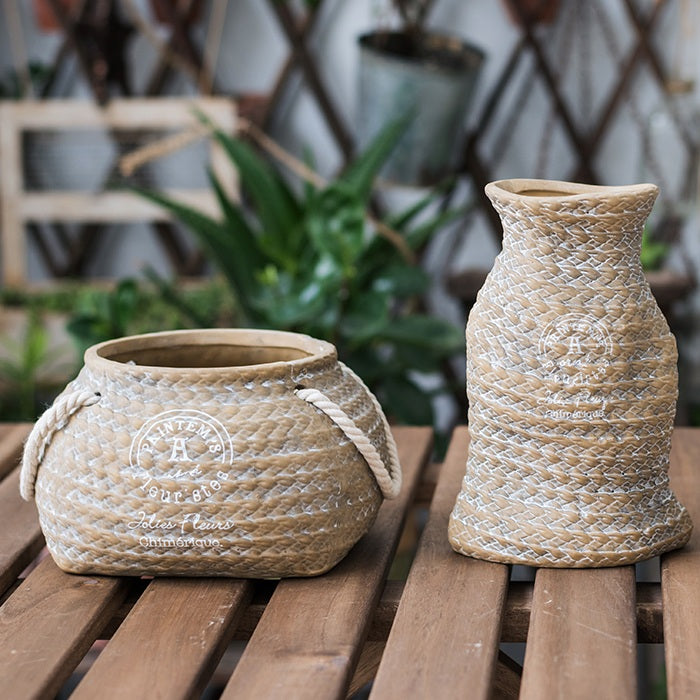 Woven Basket Ceramic Planter, Woven Texture, Indoor Outdoor Pot, Succulent Planter