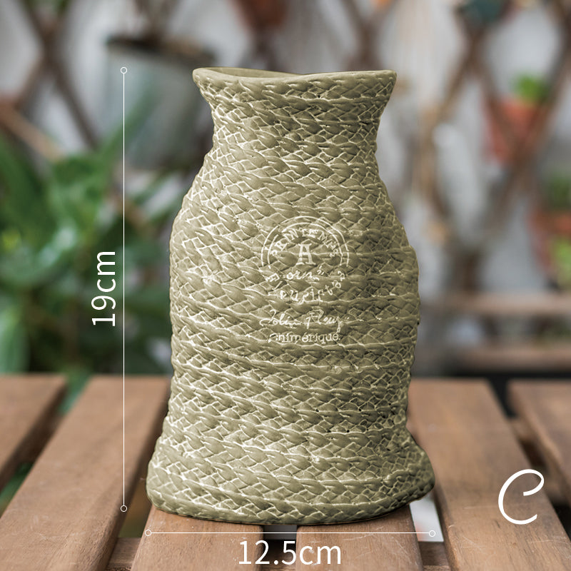 Woven Basket Ceramic Planter, Woven Texture, Indoor Outdoor Pot, Succulent Planter