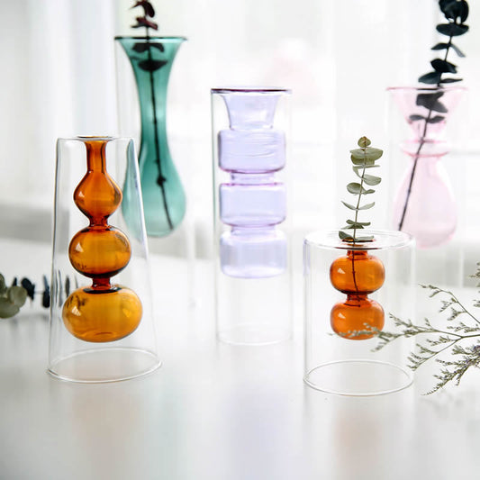 Double Glass Transparent Retro Vase Collection, Modern Flower Indoor Vase