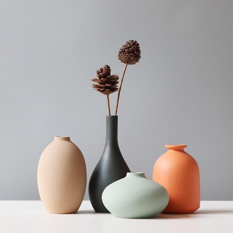 Modern Minimalist Matte Grey Orange Ceramic Vase Set