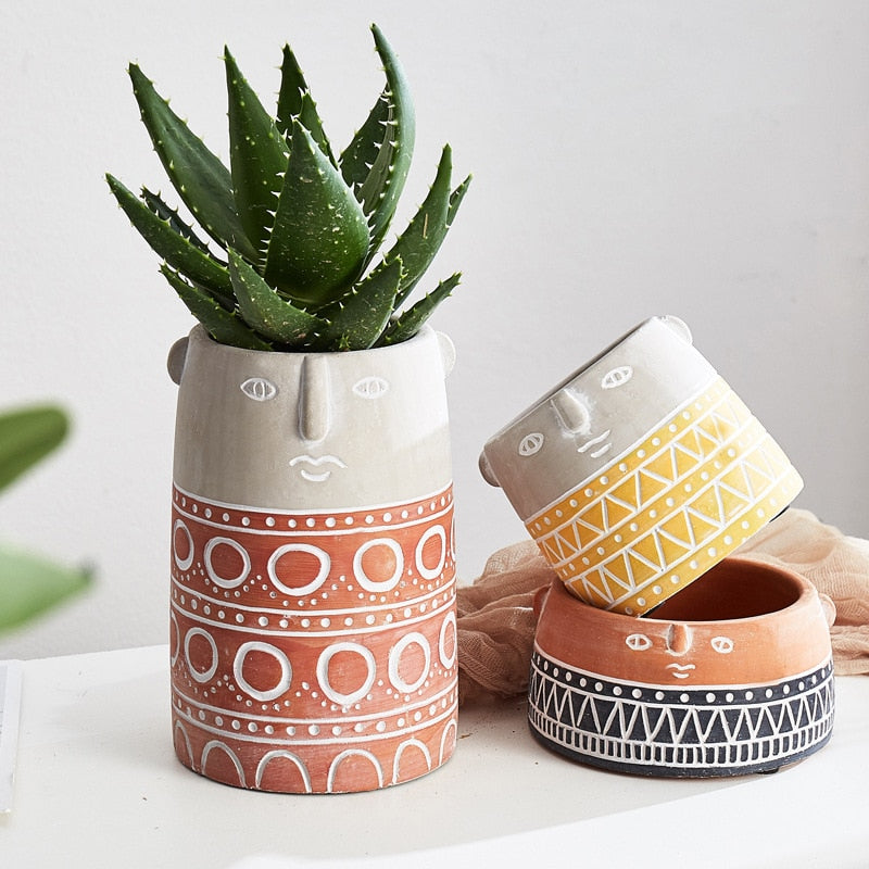 Colourful Cement Planter Collection with Cute Abstract Face, Succulent Planter, Indoor Outdoor Pot, Scandinavian, Nordic Style