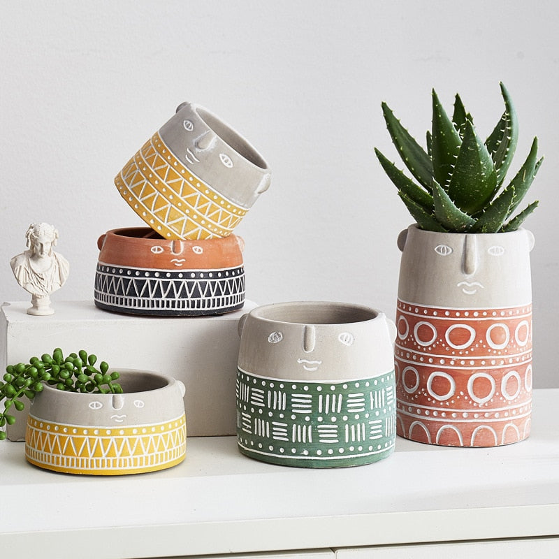 Colourful Cement Planter Collection with Cute Abstract Face, Succulent Planter, Indoor Outdoor Pot, Scandinavian, Nordic Style