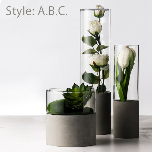 Elegant Straight Glass Vase with Cement Bottom | Indoor Pot