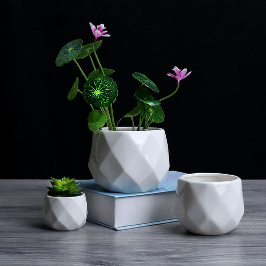 White Geometric Glossy Ceramic Indoor Planter Collection