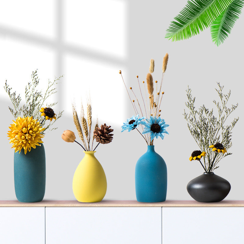 Set of 4 Modern Blue Yellow Ceramic Vase Set, Nordic Minimalist Flower Vase Centerpiece