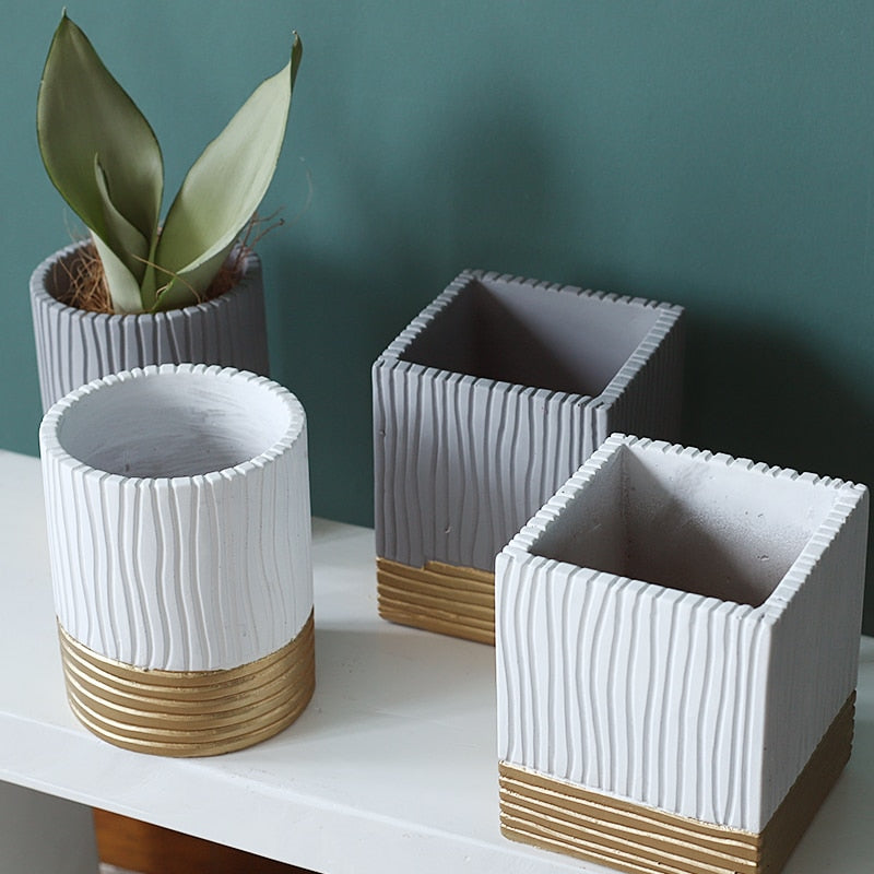 Modern Sturdy White Black Grey Cement Planter with Gold Base Collection