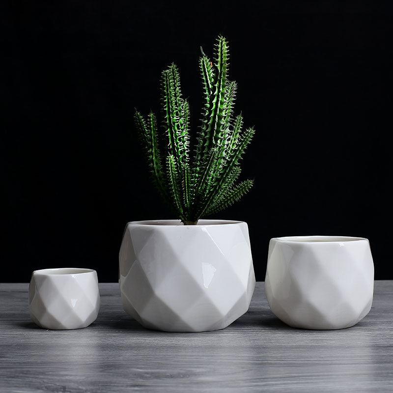 White Geometric Glossy Ceramic Indoor Planter Collection