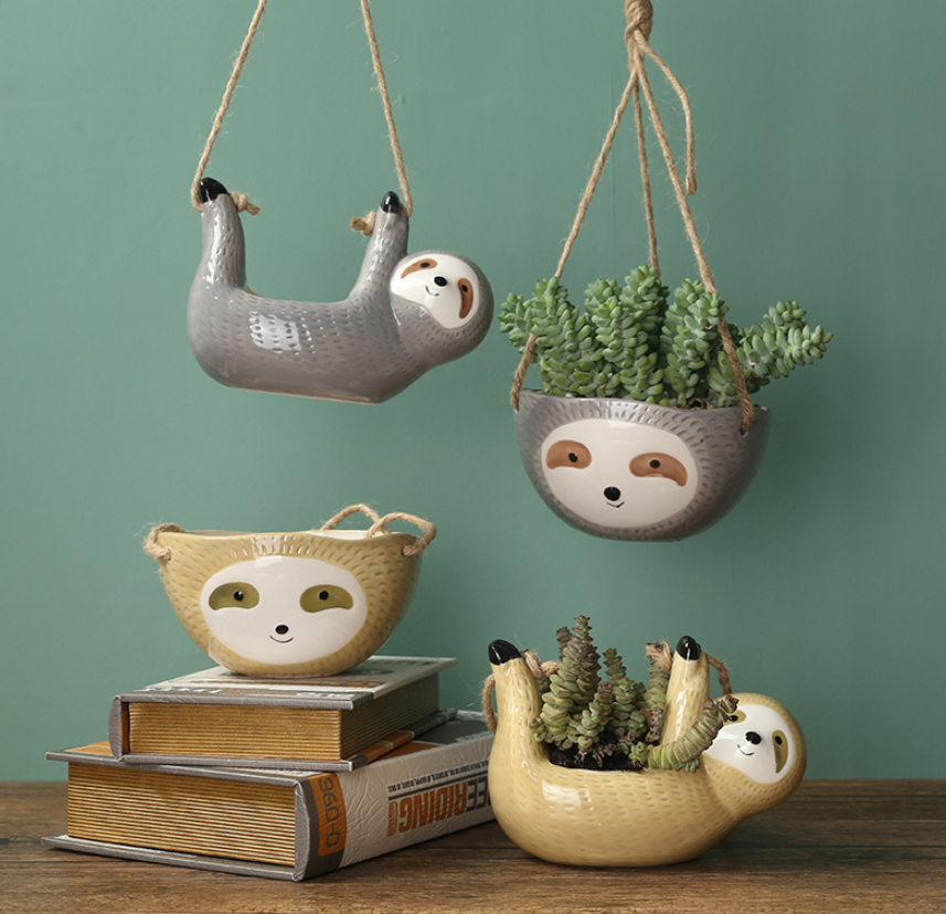 Hanging Sloth Ceramic Succulent Planter Pot, Cute Indoor Décor Vase