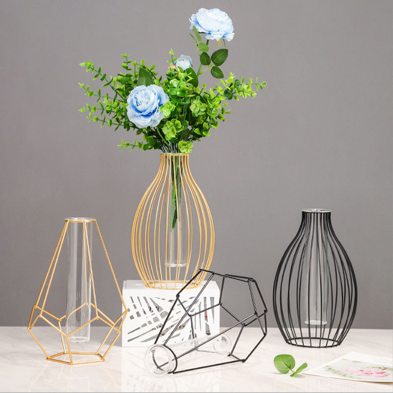 Black and Gold Iron Bottle Hydroponic Glass Vase Collection