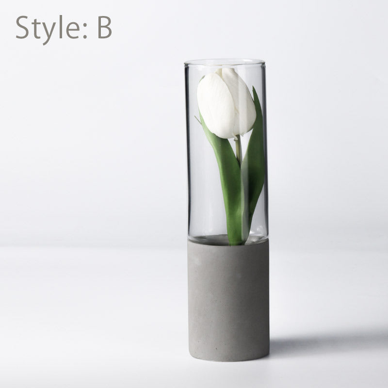 Elegant Straight Glass Vase with Cement Bottom | Indoor Pot