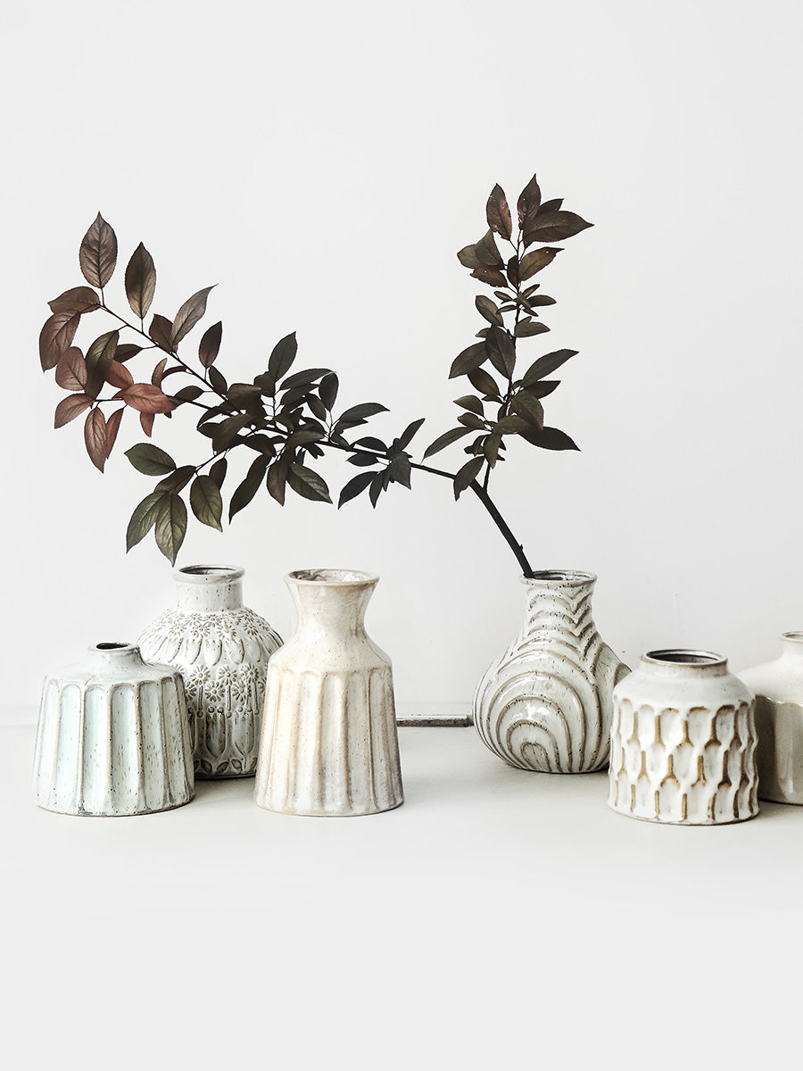 Handmade White Retro Mini Vase Collection, Textured Vintage Design