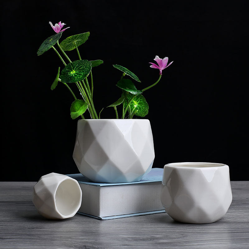 White Geometric Glossy Ceramic Indoor Planter Collection