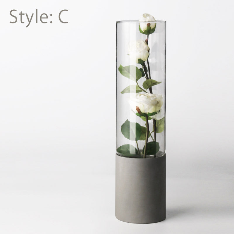 Elegant Straight Glass Vase with Cement Bottom | Indoor Pot