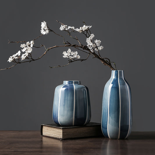 Elegant Blue Striped Glossy Ceramic Vase Collection | Modern Minimalist