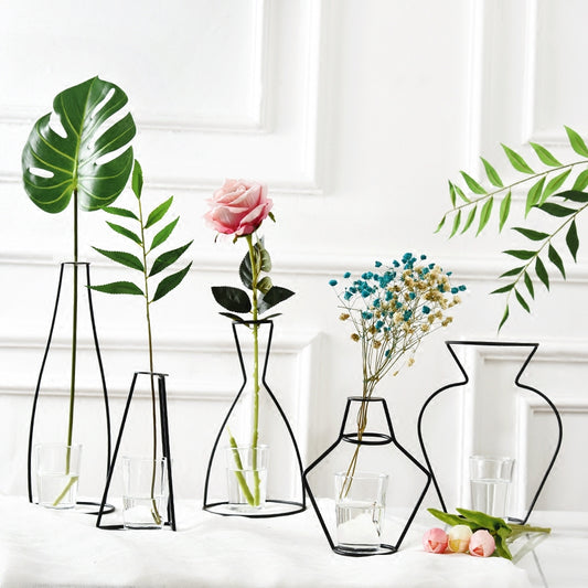 Black Minimalist Iron Hydroponic Transparent Glass Vase