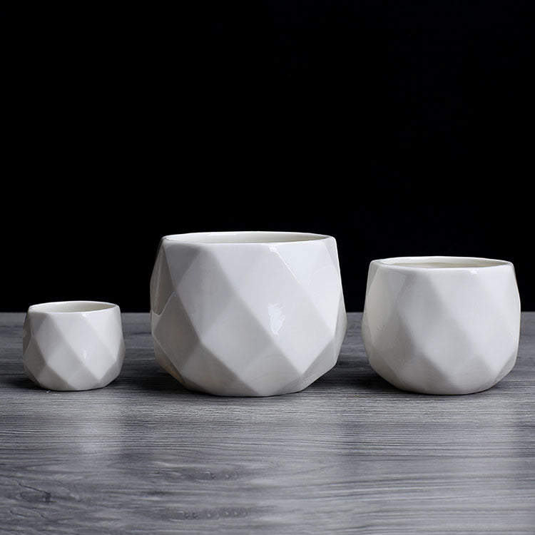 White Geometric Glossy Ceramic Indoor Planter Collection