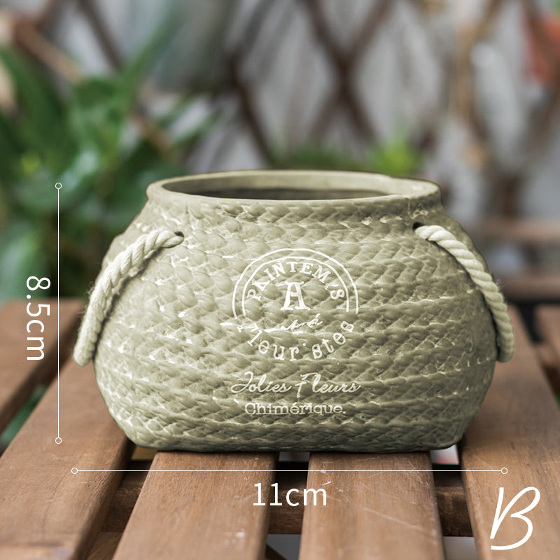 Woven Basket Ceramic Planter, Woven Texture, Indoor Outdoor Pot, Succulent Planter