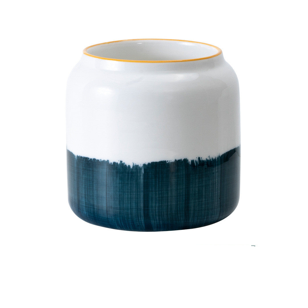 White Ceramic Planters with Blue Hand-Brushed Patterns