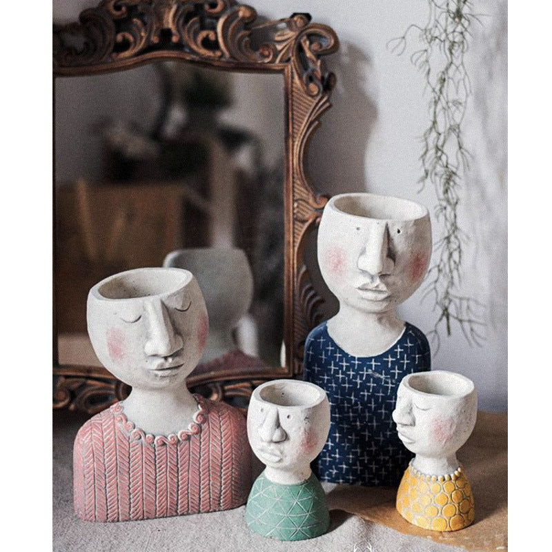 Set of 4 Cement Planter Set, Cute Family Face Planter Pot, Hand Painted Indoor Outdoor Pot