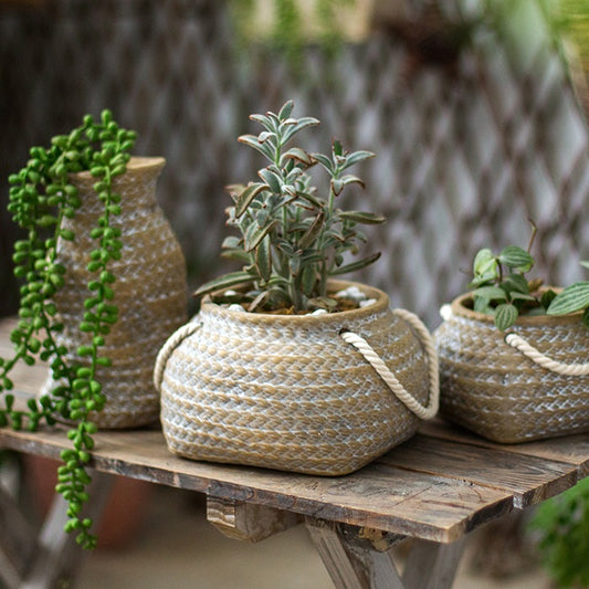 Woven Basket Ceramic Planter, Woven Texture, Indoor Outdoor Pot, Succulent Planter