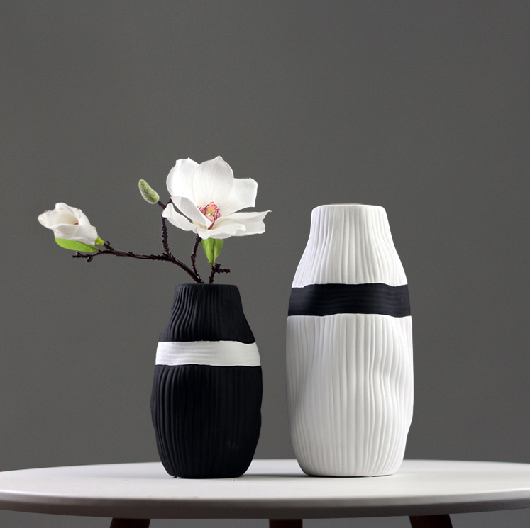 Set of 2 Modern Black and White Ceramic Vase Pair