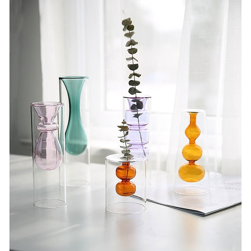 Double Glass Transparent Retro Vase Collection, Modern Flower Indoor Vase