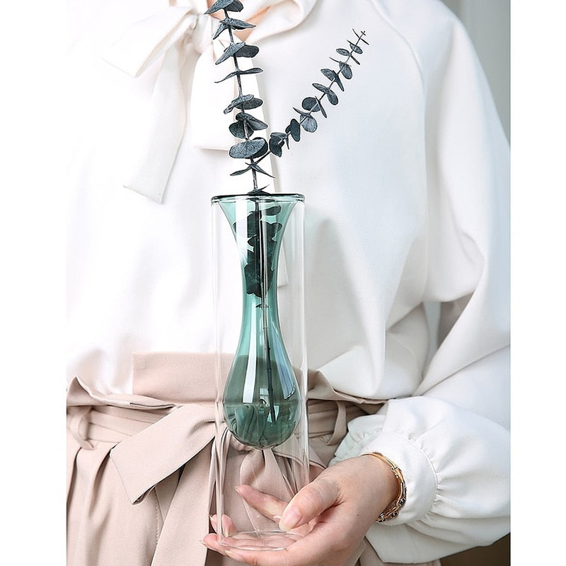 Double Glass Transparent Retro Vase Collection, Modern Flower Indoor Vase