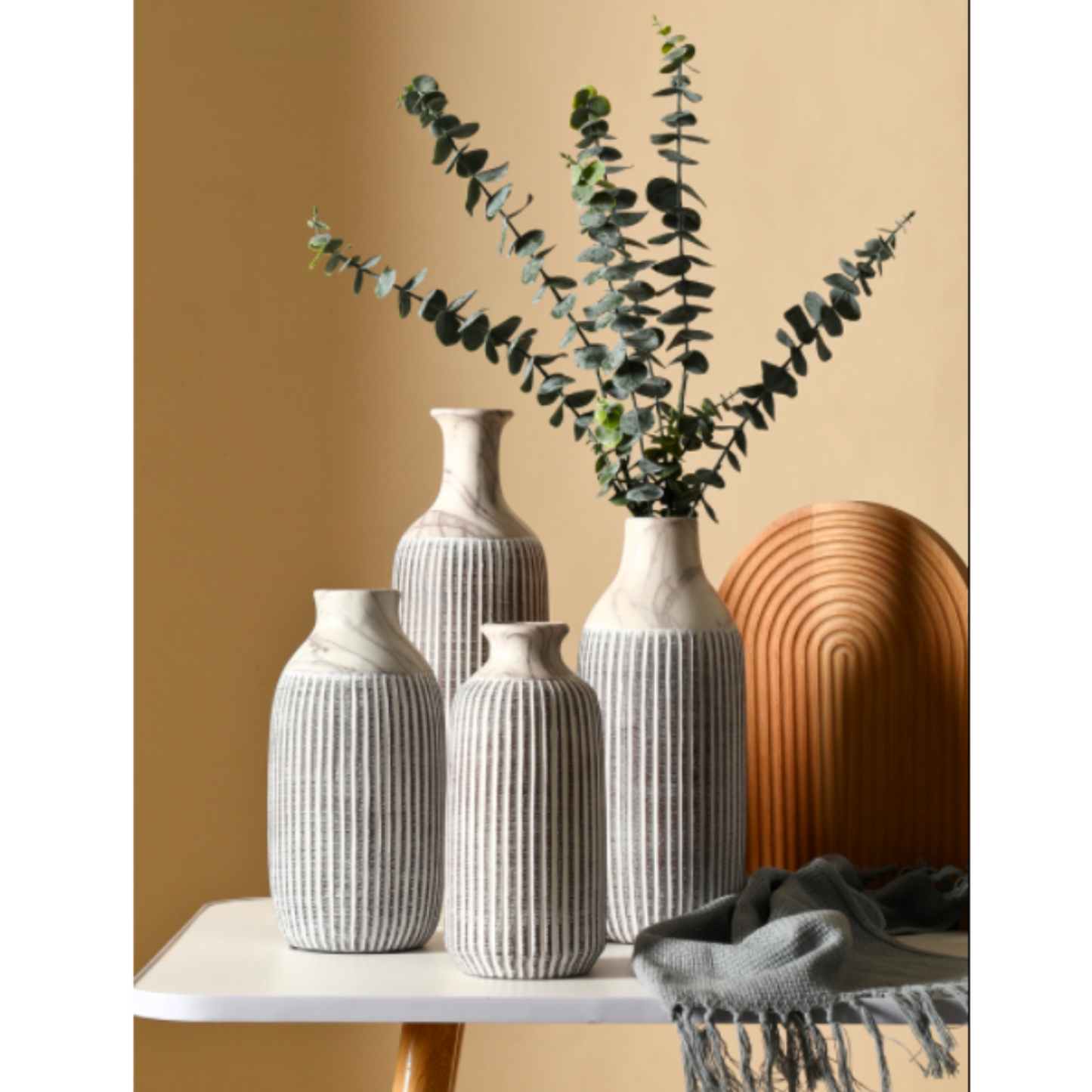 Modern Marbled Striped White Ceramic Vase Collection