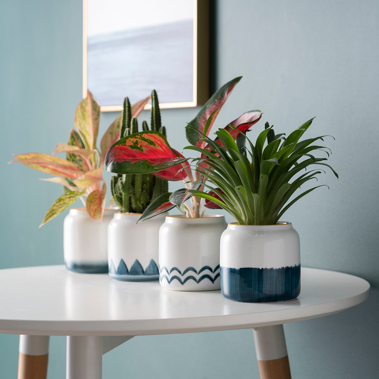 White Ceramic Planters with Blue Hand-Brushed Patterns