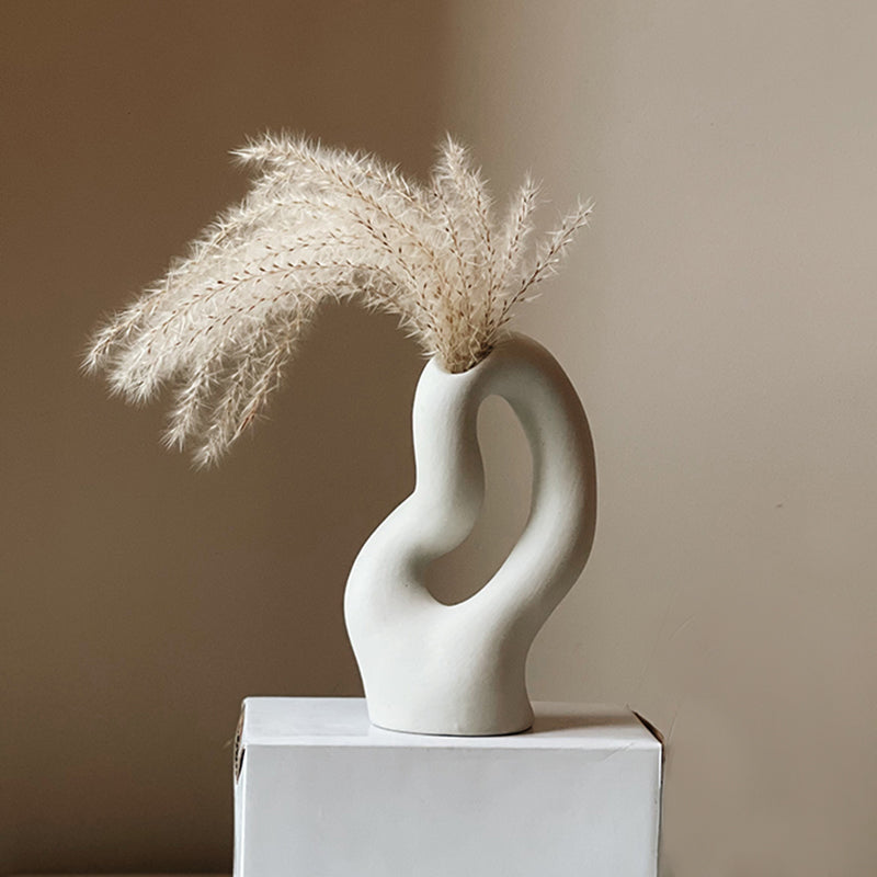 White Hollow Abstract Ceramic Vase - Minimalist White Vase for Flowers