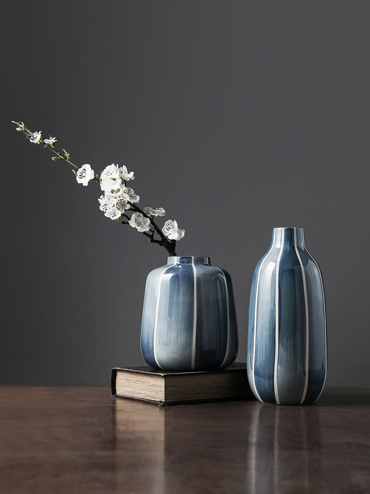 Elegant Blue Striped Glossy Ceramic Vase Collection | Modern Minimalist