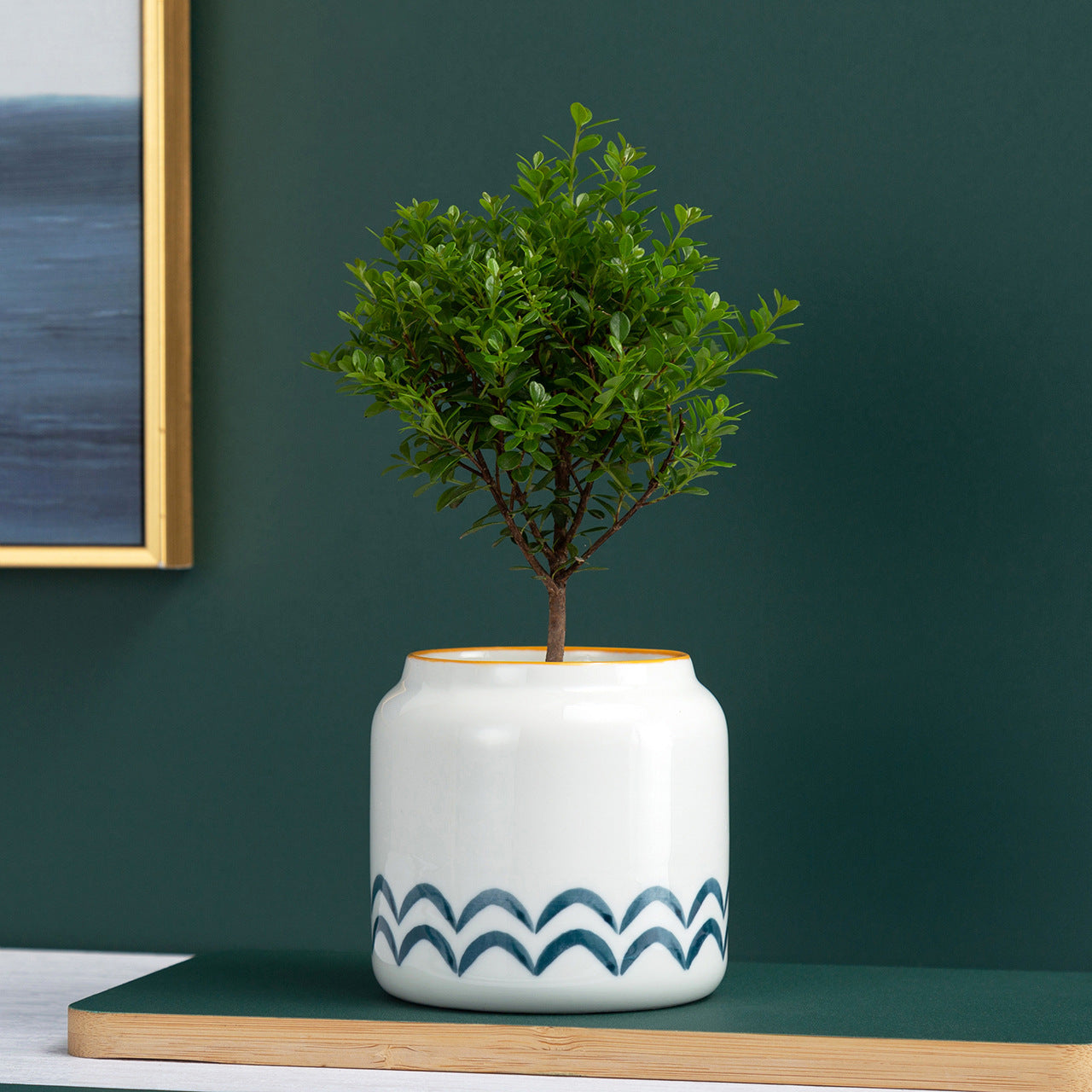 White Ceramic Planters with Blue Hand-Brushed Patterns