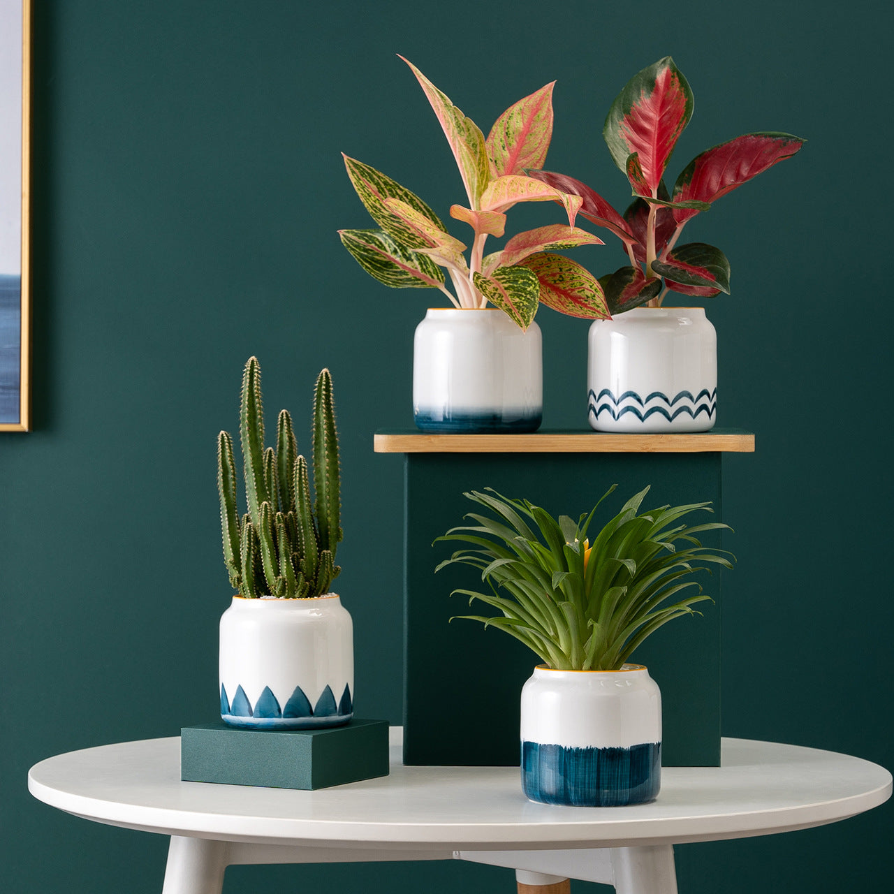 White Ceramic Planters with Blue Hand-Brushed Patterns