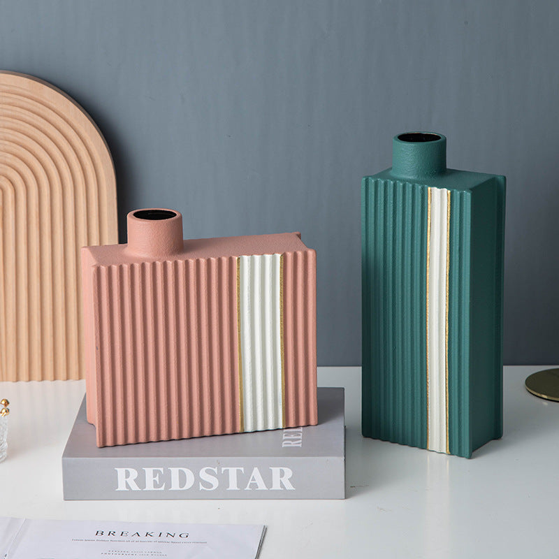 Pinstriped Square Minimalist Ceramic Vase Collection